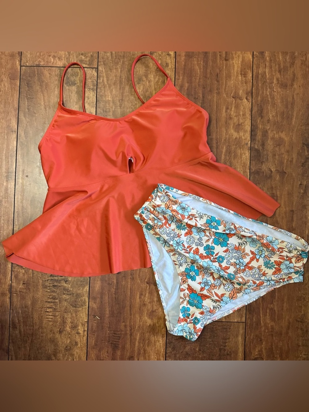 Burn Orange Peplum Tankini Top with Floral High Waist Rushed Bikini Bottoms